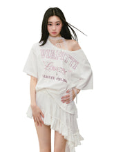 Off-shoulder Letter Hollow-out Spliced T-shirt - CHINASQUAD