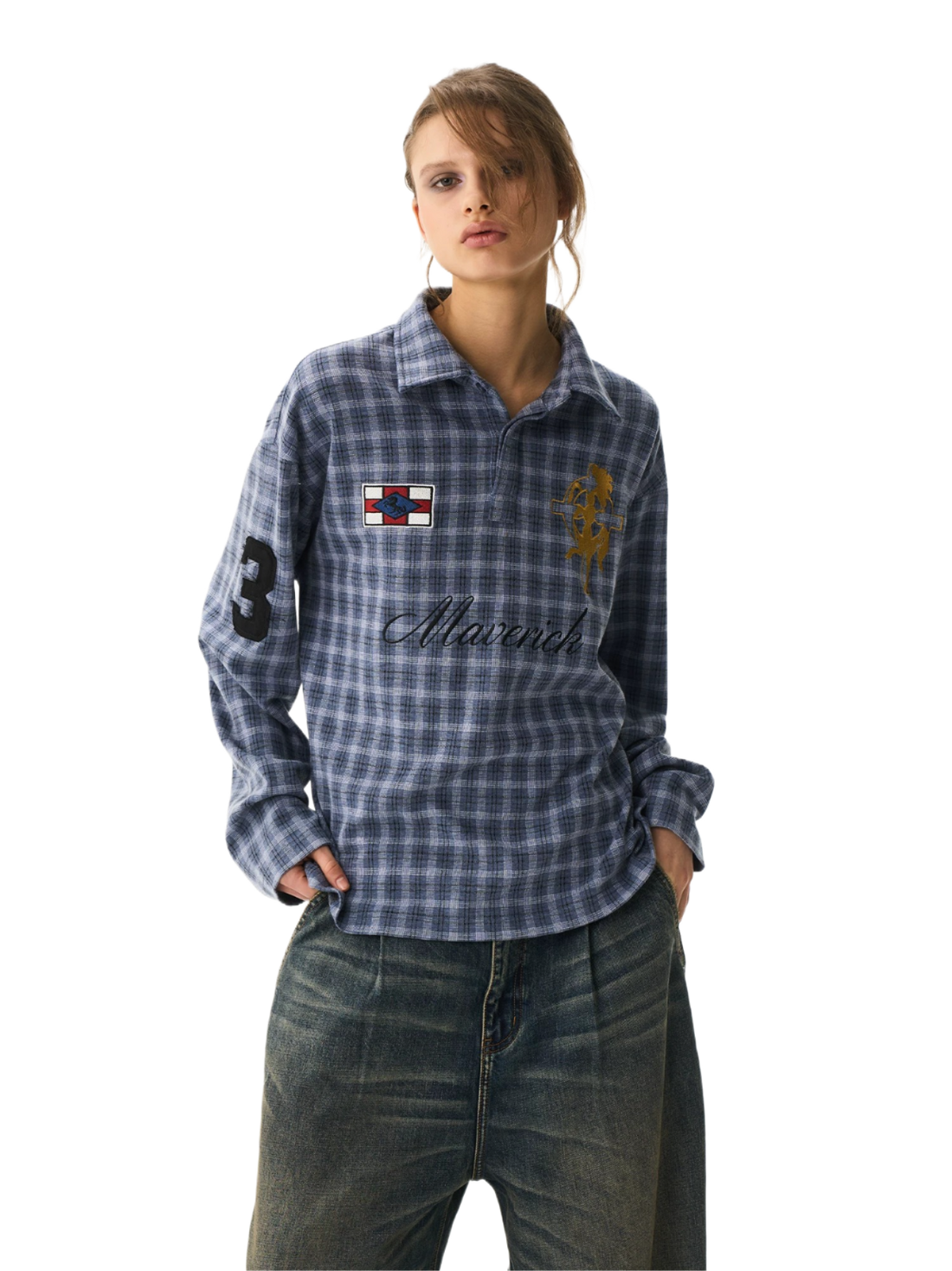 Vintage Plaid Badge Long Sleeve Polo Tee