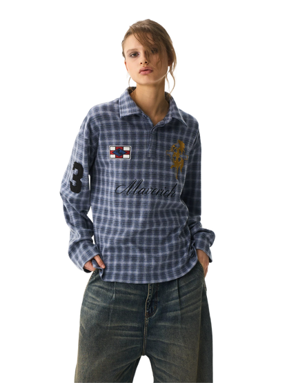 Vintage Plaid Badge Long Sleeve Polo Tee