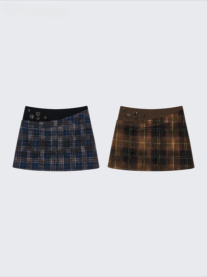 Plaid Button Patchwork A-Line Skirt