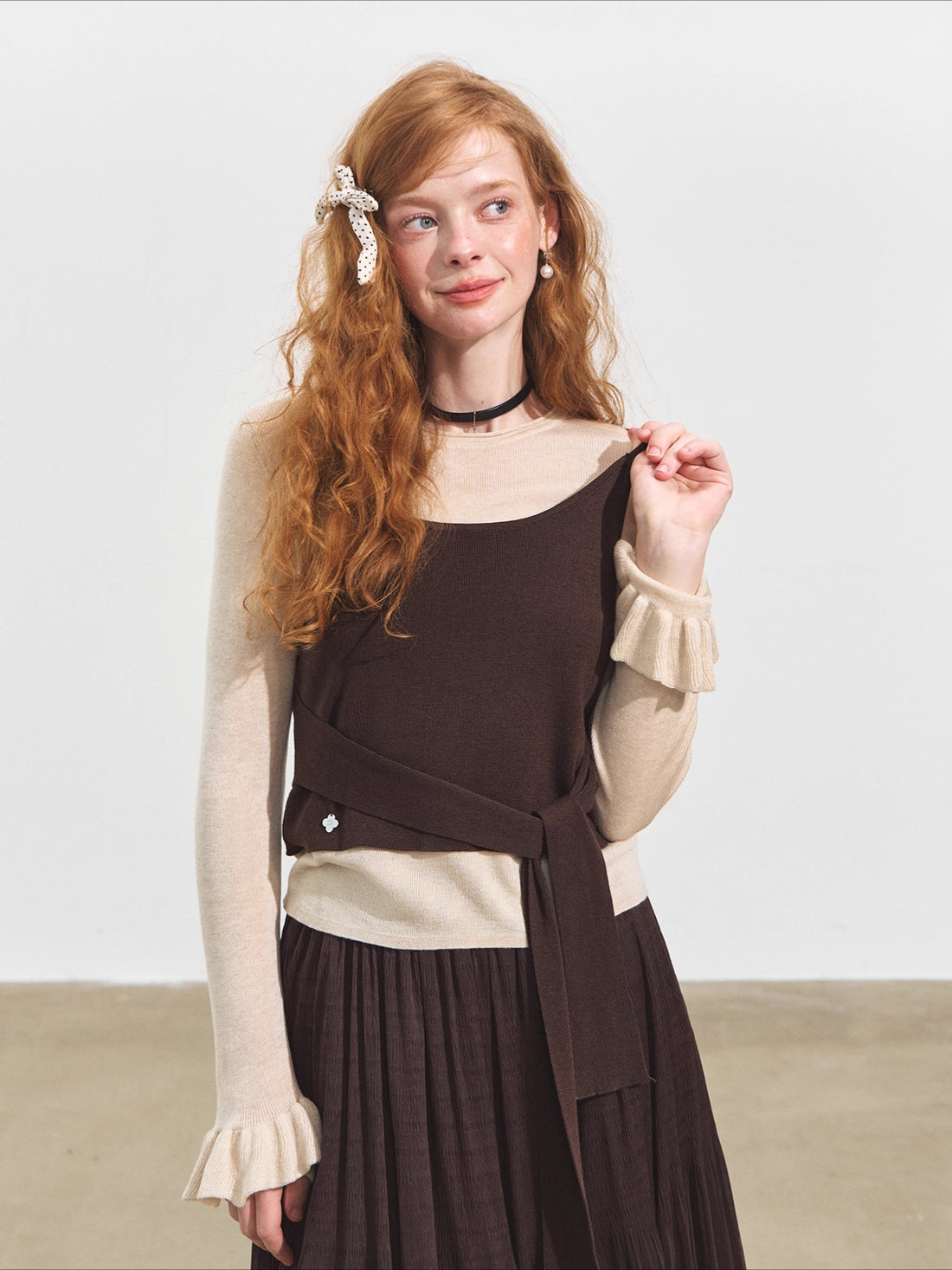 Faux Two-Piece Contrast Tie Sweater