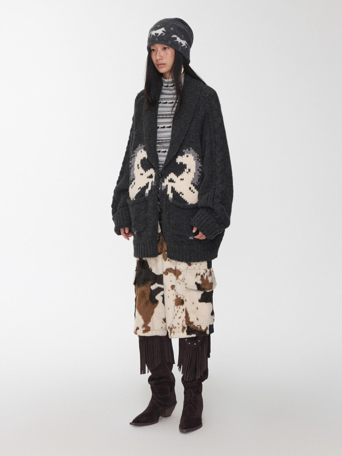 Pony Jacquard Horn-Button Chunky Cardigan