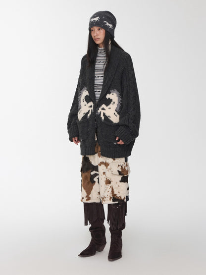 Pony Jacquard Horn-Button Chunky Cardigan