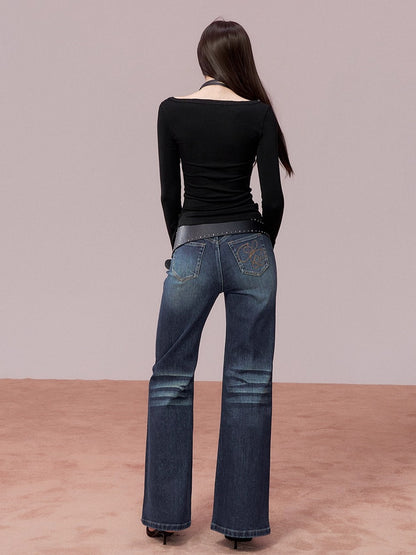 Straight-Leg Washed Denim Pants
