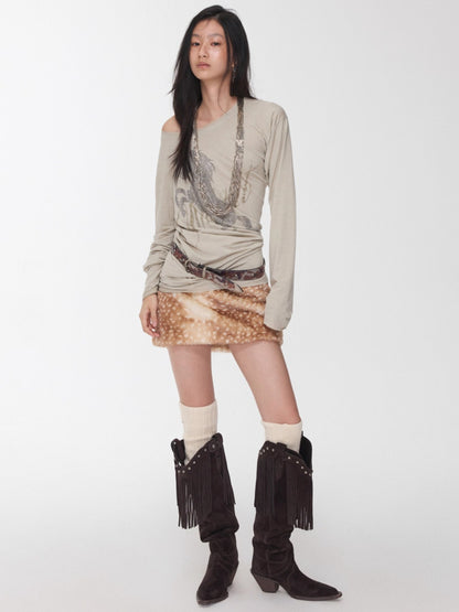 Vintage Deer Print Faux Fur Skirt