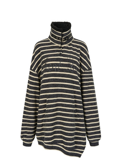 Striped Stand-Collar Fleece-Lined Loose Sweatshirt