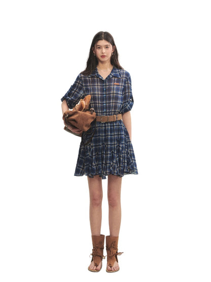 Collared Checked Waist-fitted Long-sleeve Shirt Dress - CHINASQUAD