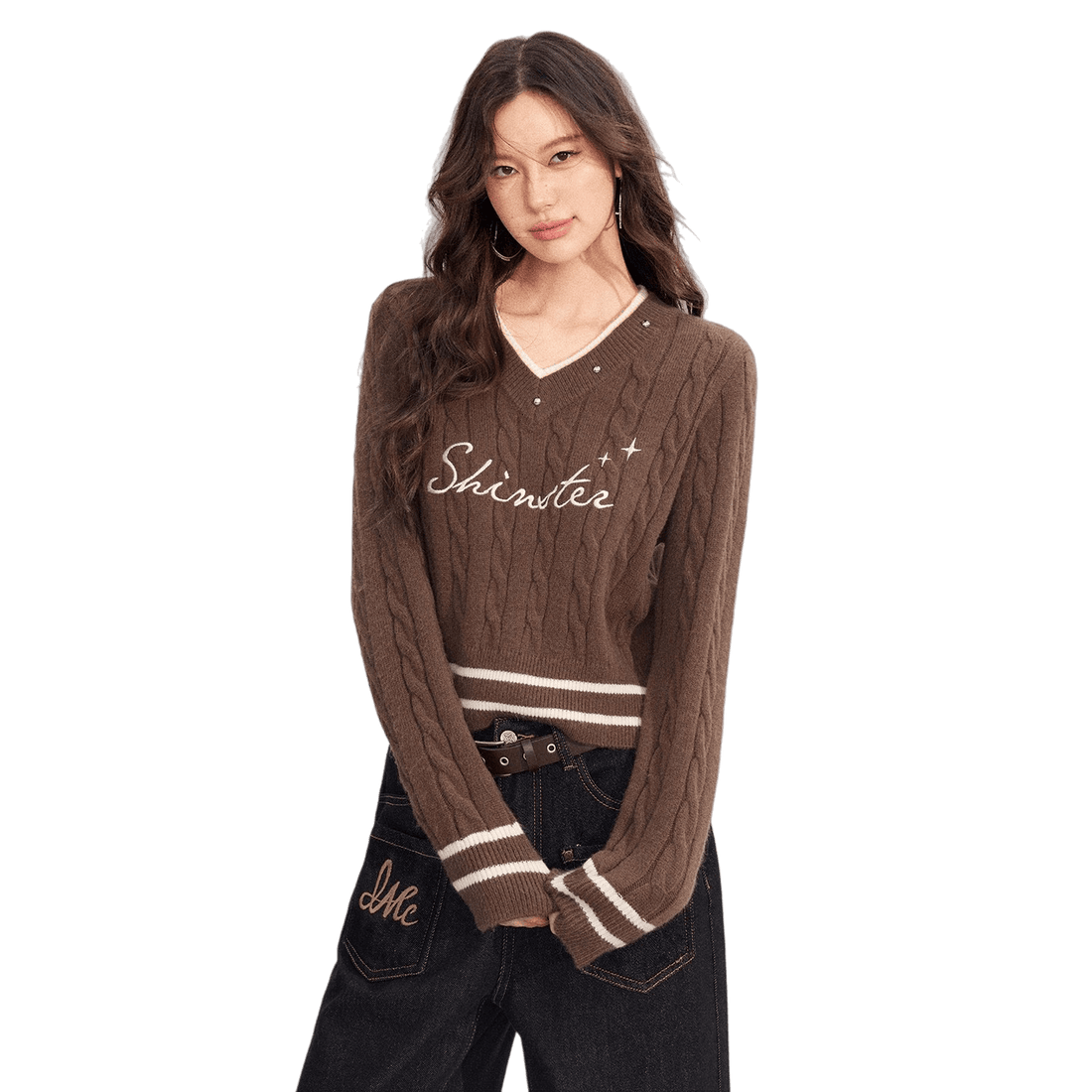 Layered-Effect Embroidered Knit V-Neck Sweater