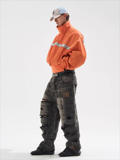Reflective Trim Stand-Collar Oversized Jacket