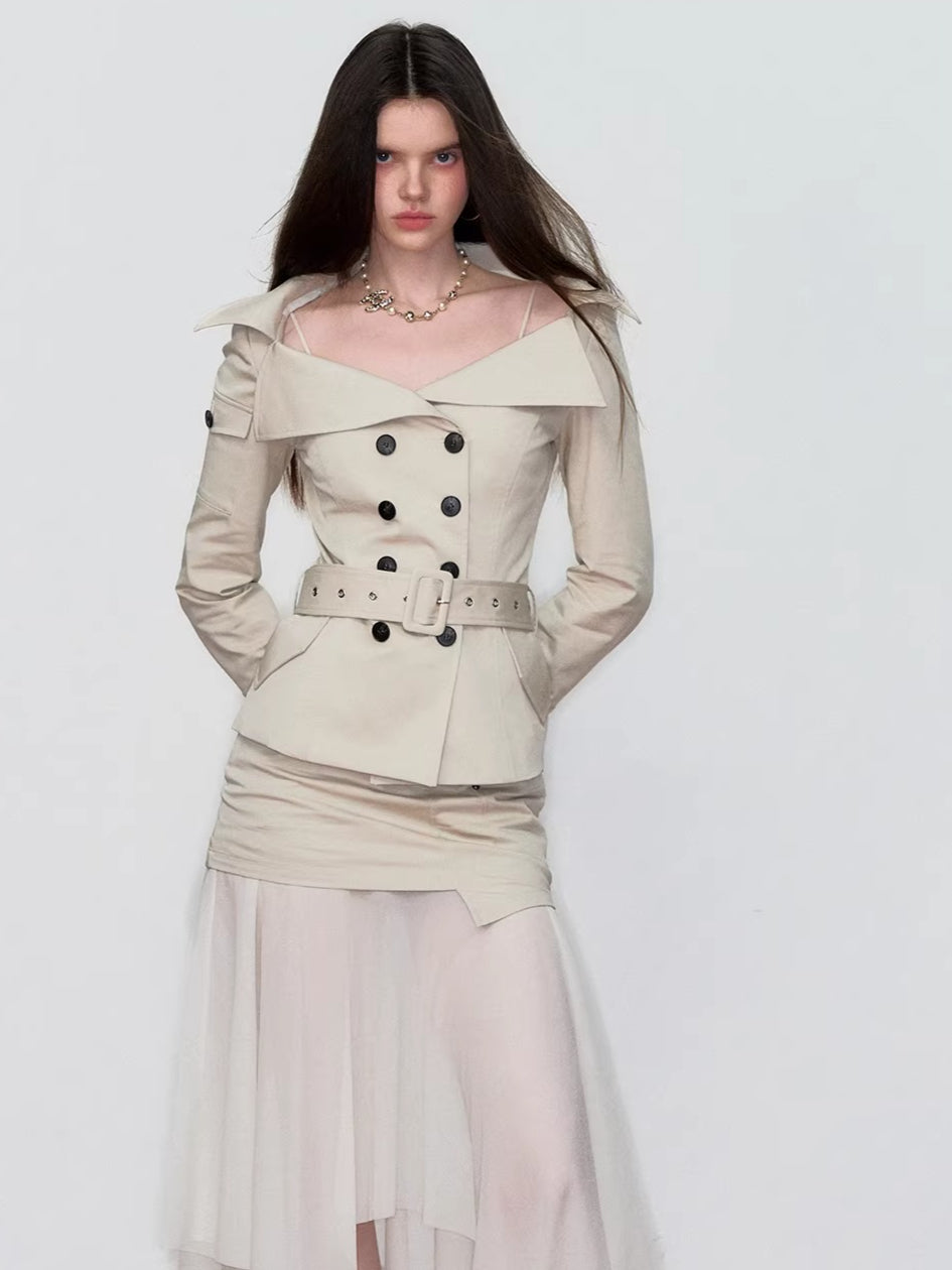 Off-Shoulder Belted Double-Breasted Blazer