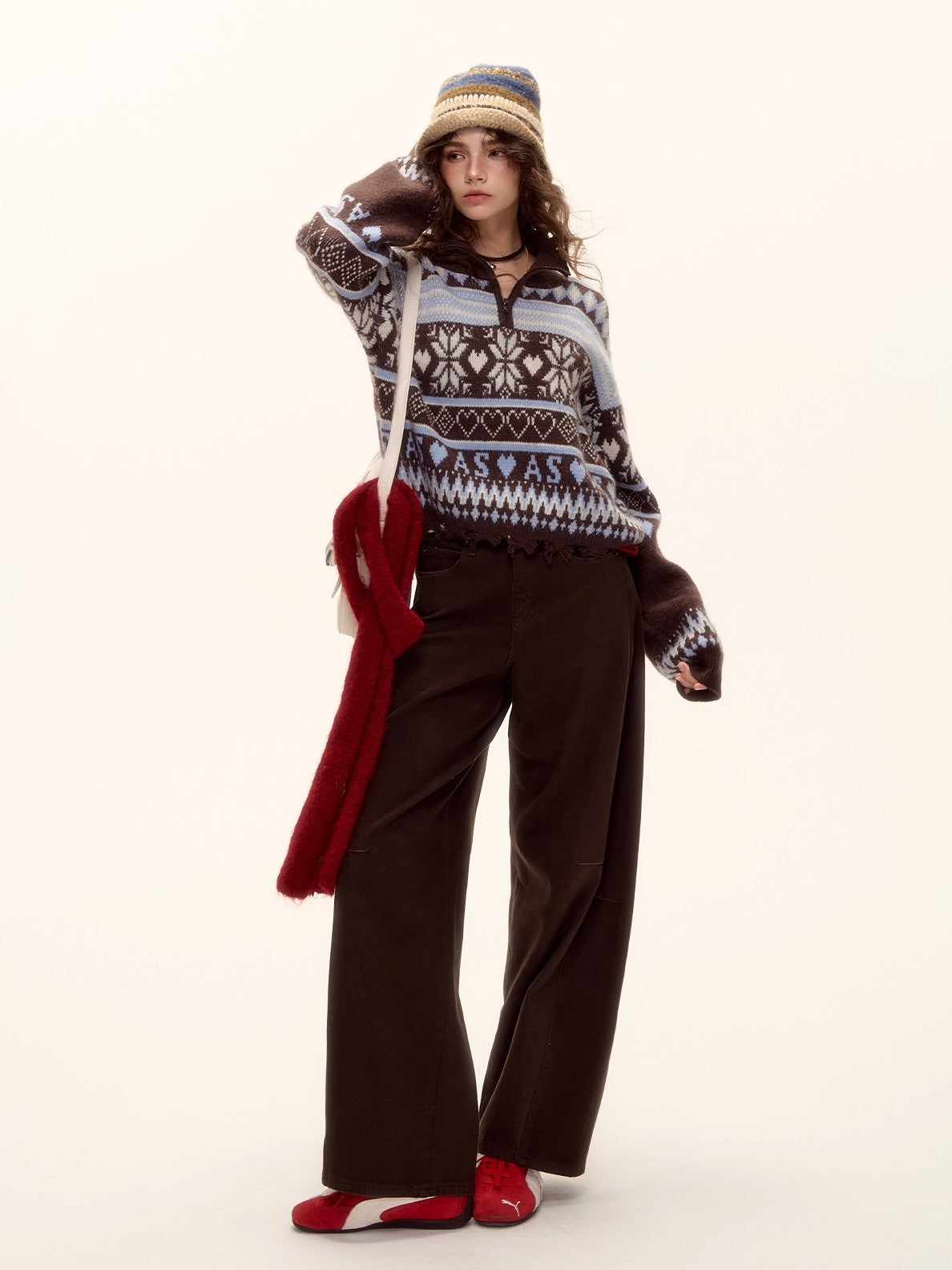 Vintage Fair Isle Half-Zip Fringe Hem Sweater