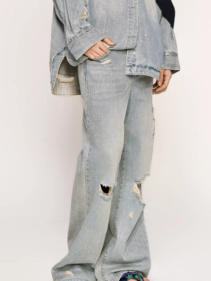 Silver-Foil Double-Waist Denim Pants
