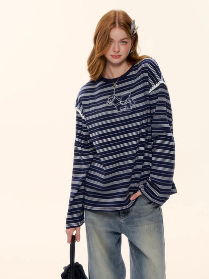 Contrast Stripe Crewneck Long-Sleeve T-Shirt