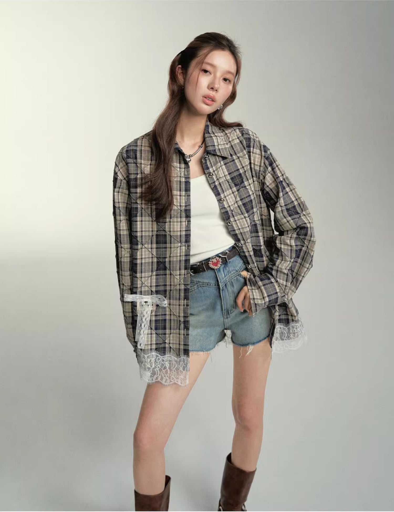 Lace Spliced Plaid Shirt - CHINASQUAD