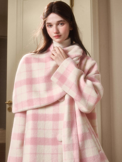 Baby Pink Raspberry Check Wool-Like Cape Coat