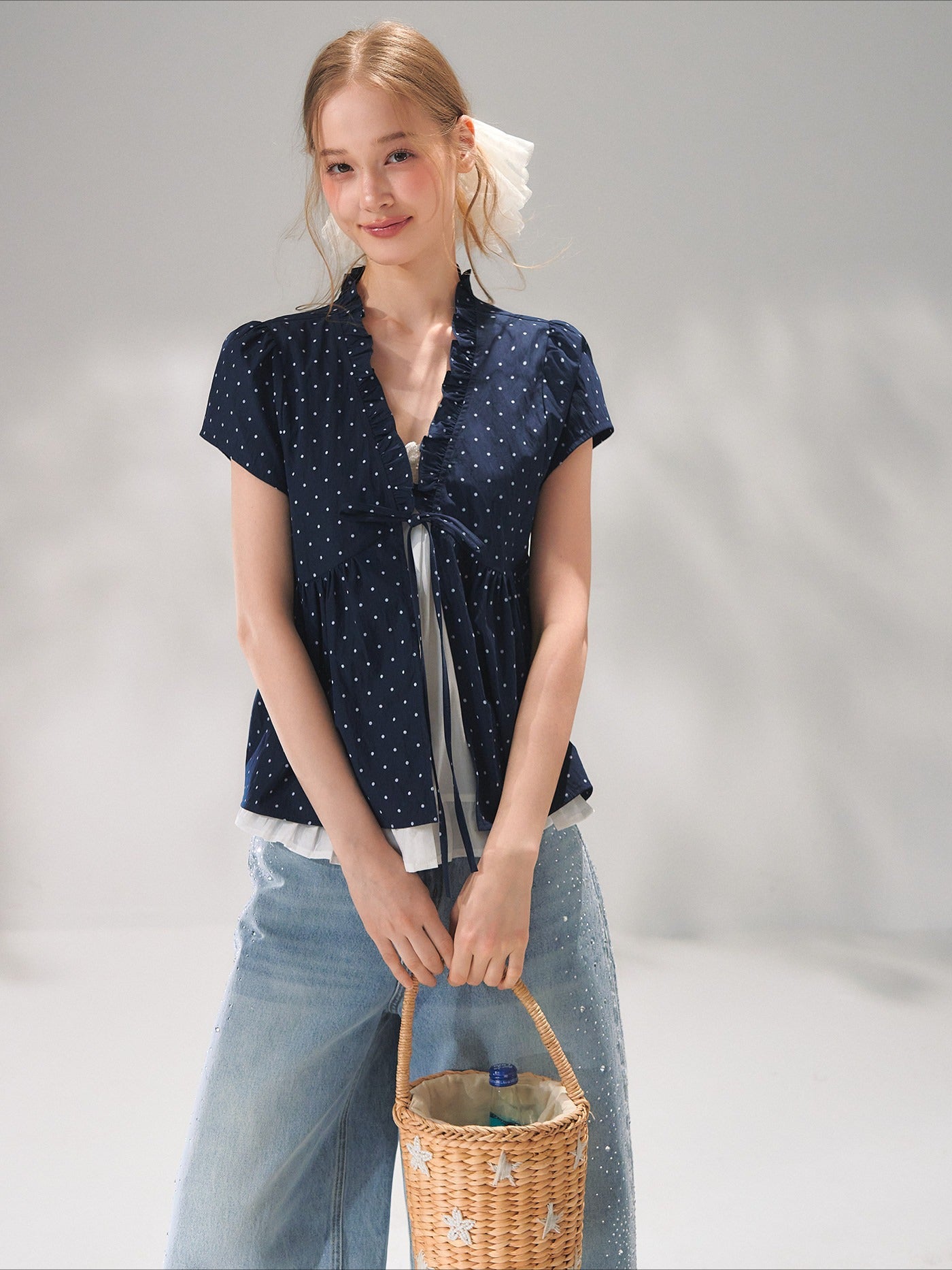 Ruffled Trim Polka Dot Layered Blouse