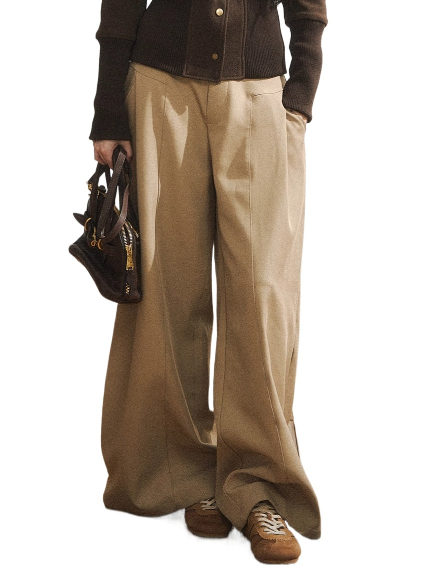 Khaki Tailored Low-Waist Wide-Leg Trousers