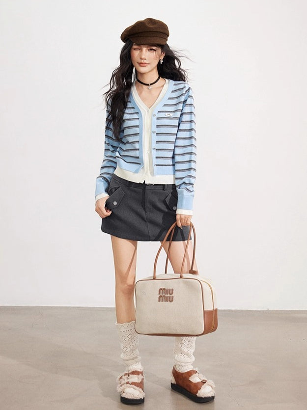 Striped Layered-Effect V-Neck Knit Cardigan