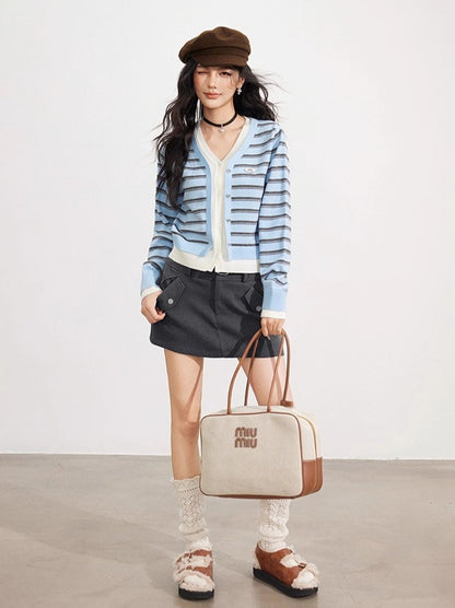 Striped Layered-Effect V-Neck Knit Cardigan