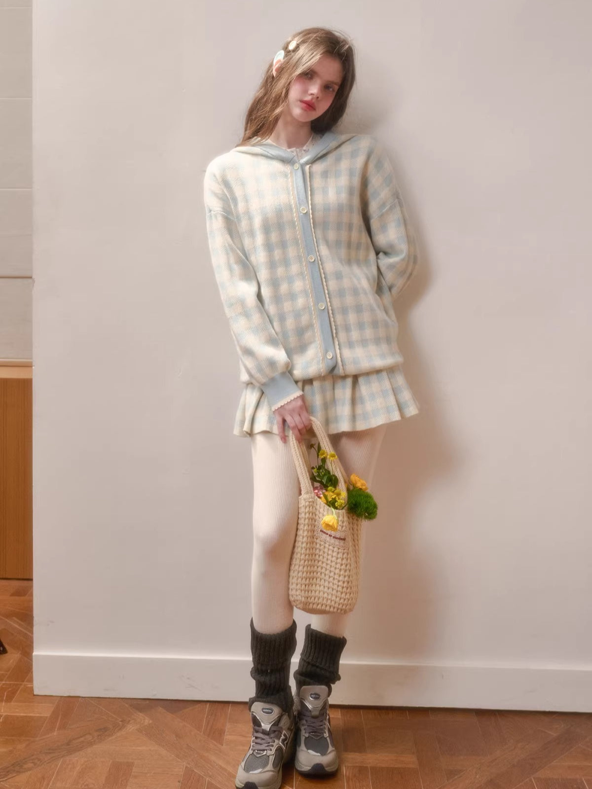 Plaid Contrast Jacket &amp; Pleated Skirt Set