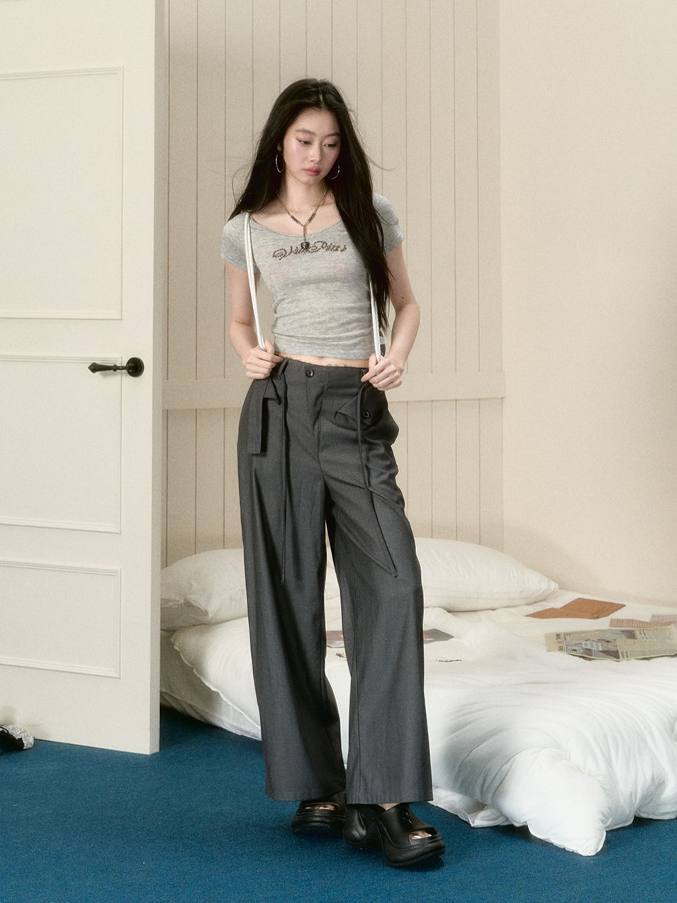 Gray Tie Wide-leg Trousers