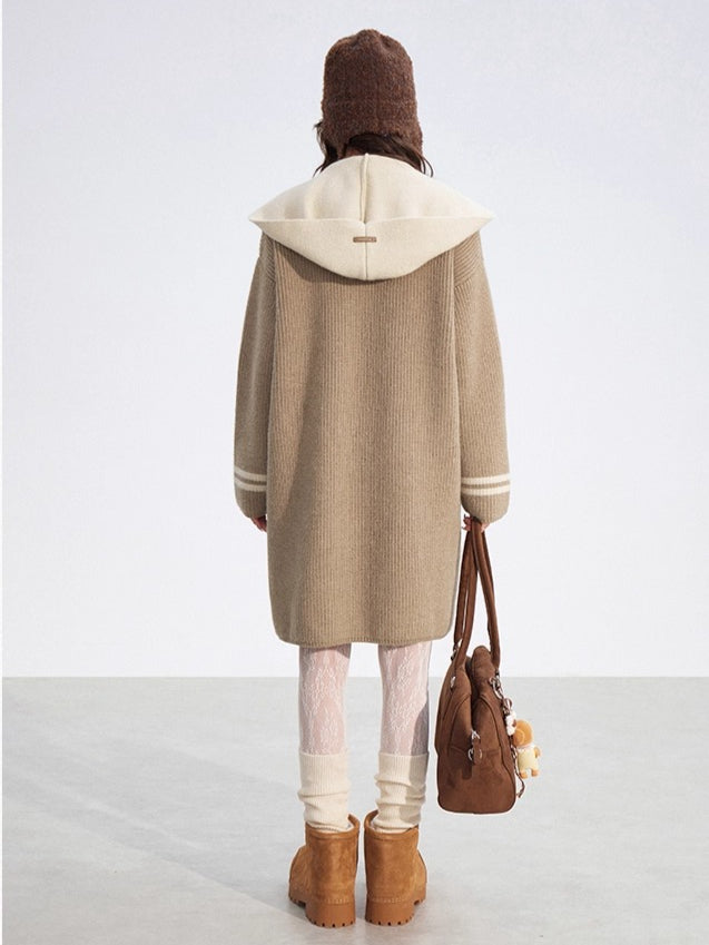 Detachable Collar Knit Hooded Long Cardigan