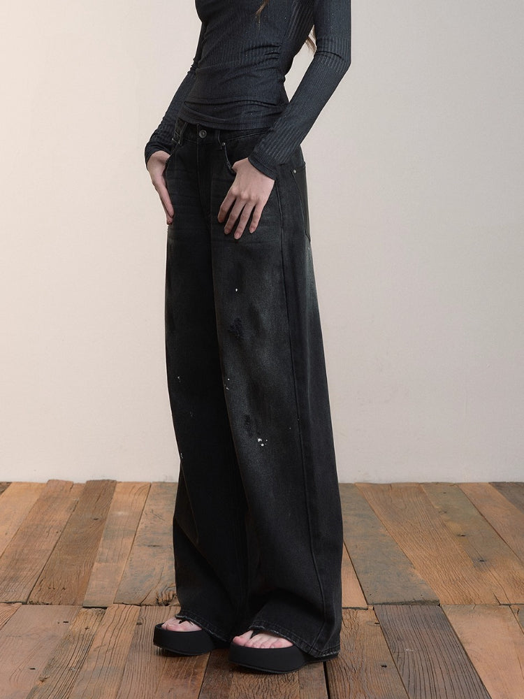 Heavy-Duty Distressed Wide-Leg Jeans - CHINASQUAD