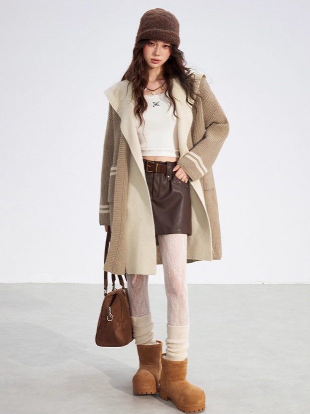 Detachable Collar Knit Hooded Long Cardigan