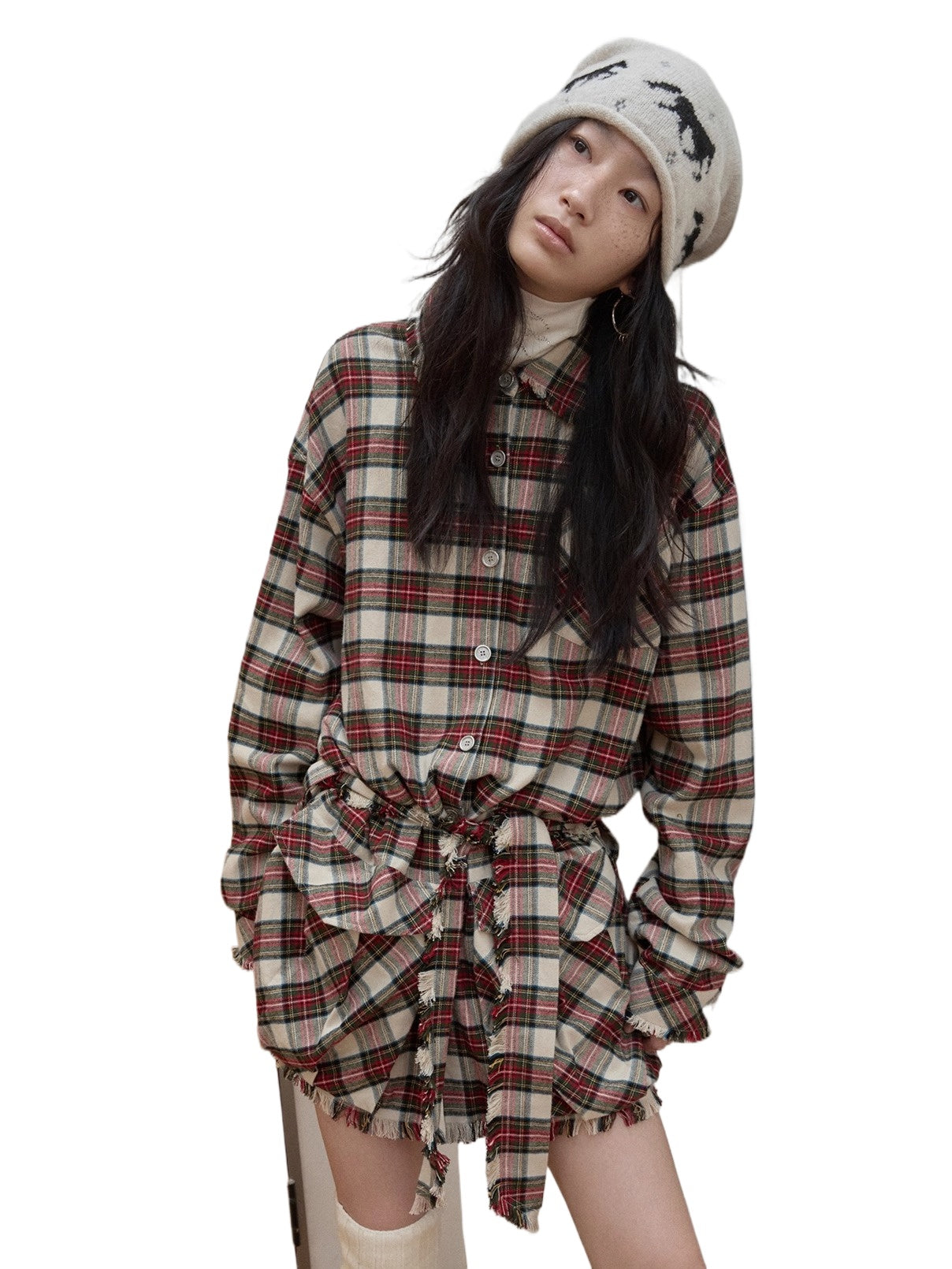 Vintage Red Plaid Frayed-Edge Utility Shirt Dress