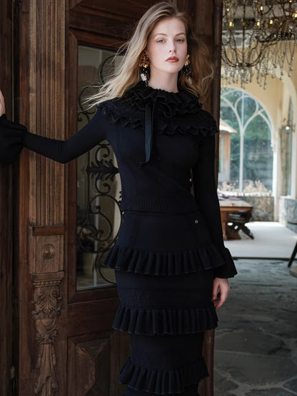 Lace Ruffle Knit Top &amp; Midi Skirt Two-Piece Set