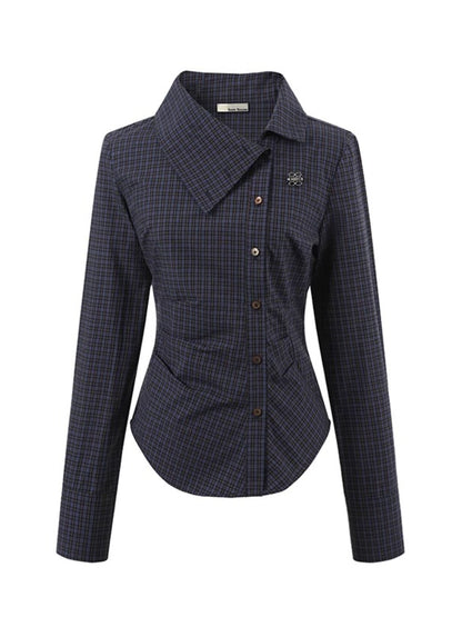 Navy Blue Asymmetric Collar Checked Shirt