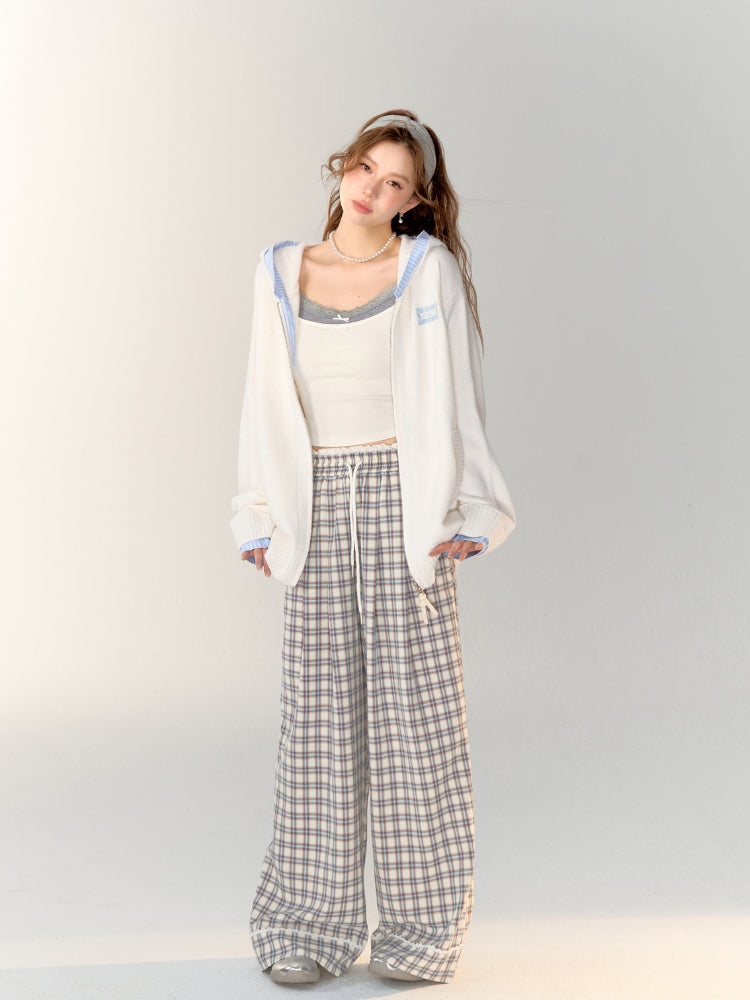 Lace-Trimmed Plaid Wide-Legged Pants