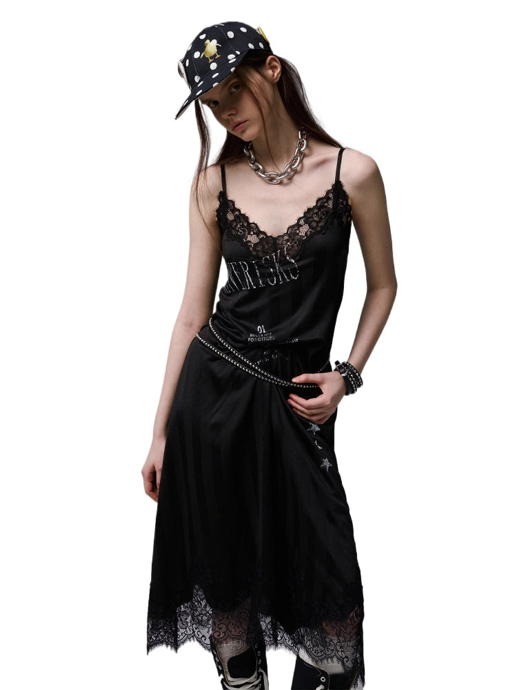 Letter-printed Spliced Lace Camisole Dress