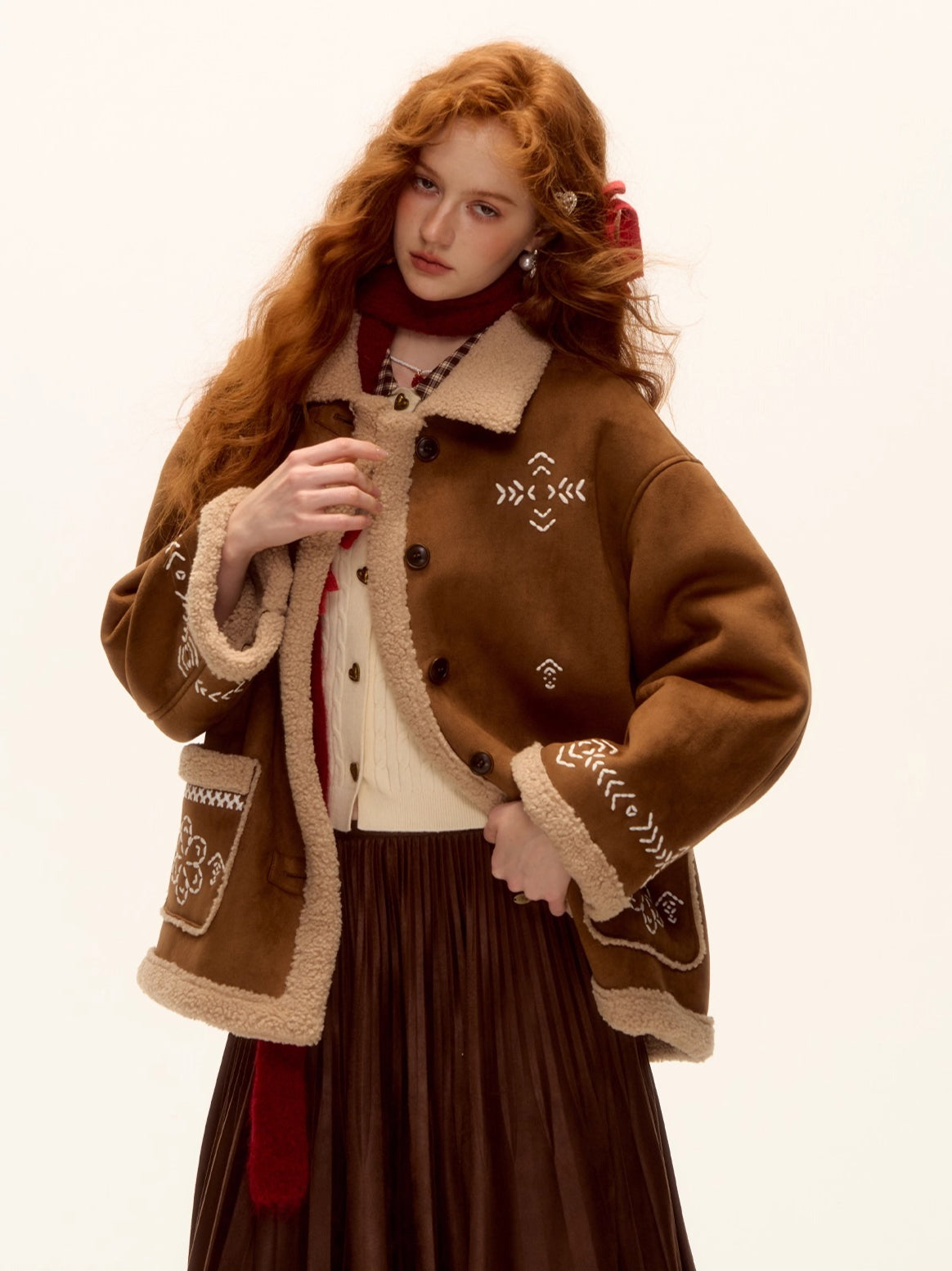 Heavy Embroidered Faux Shearling Suede Jacket