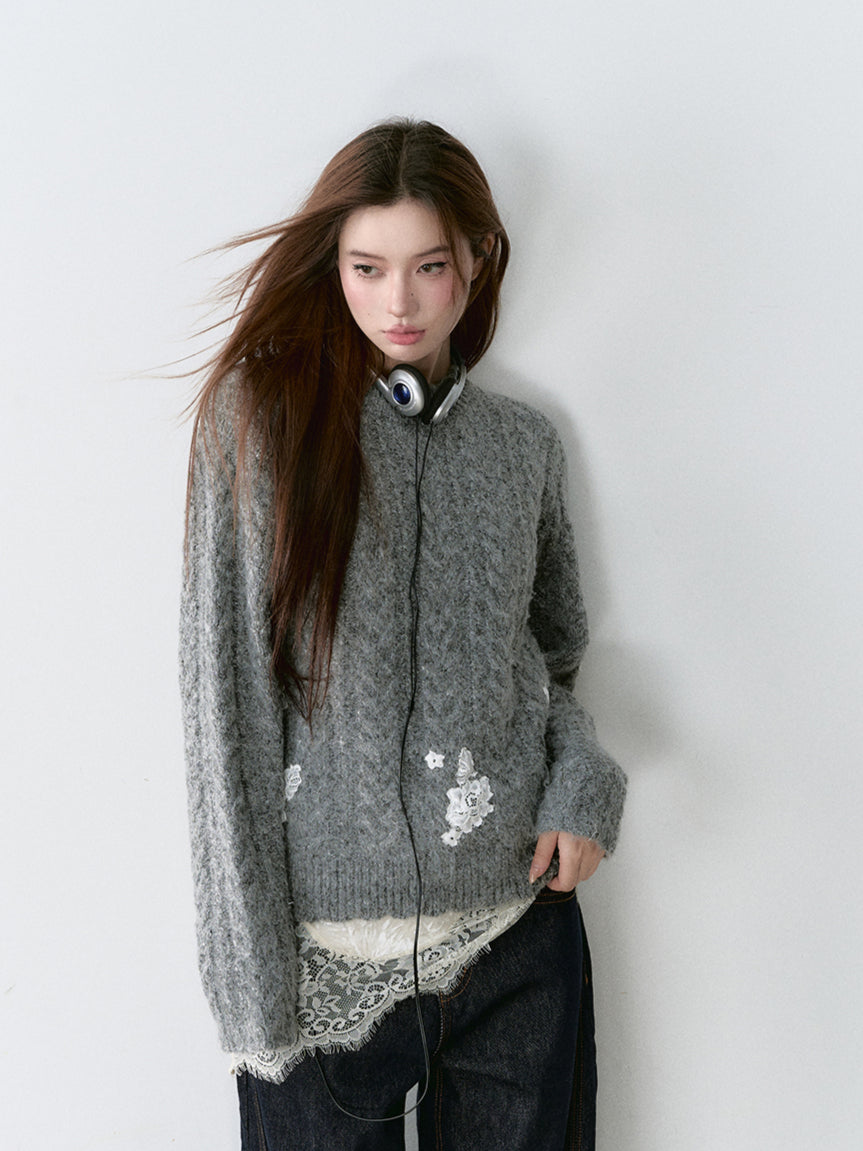 Gray Lace Panel Crewneck Sweater