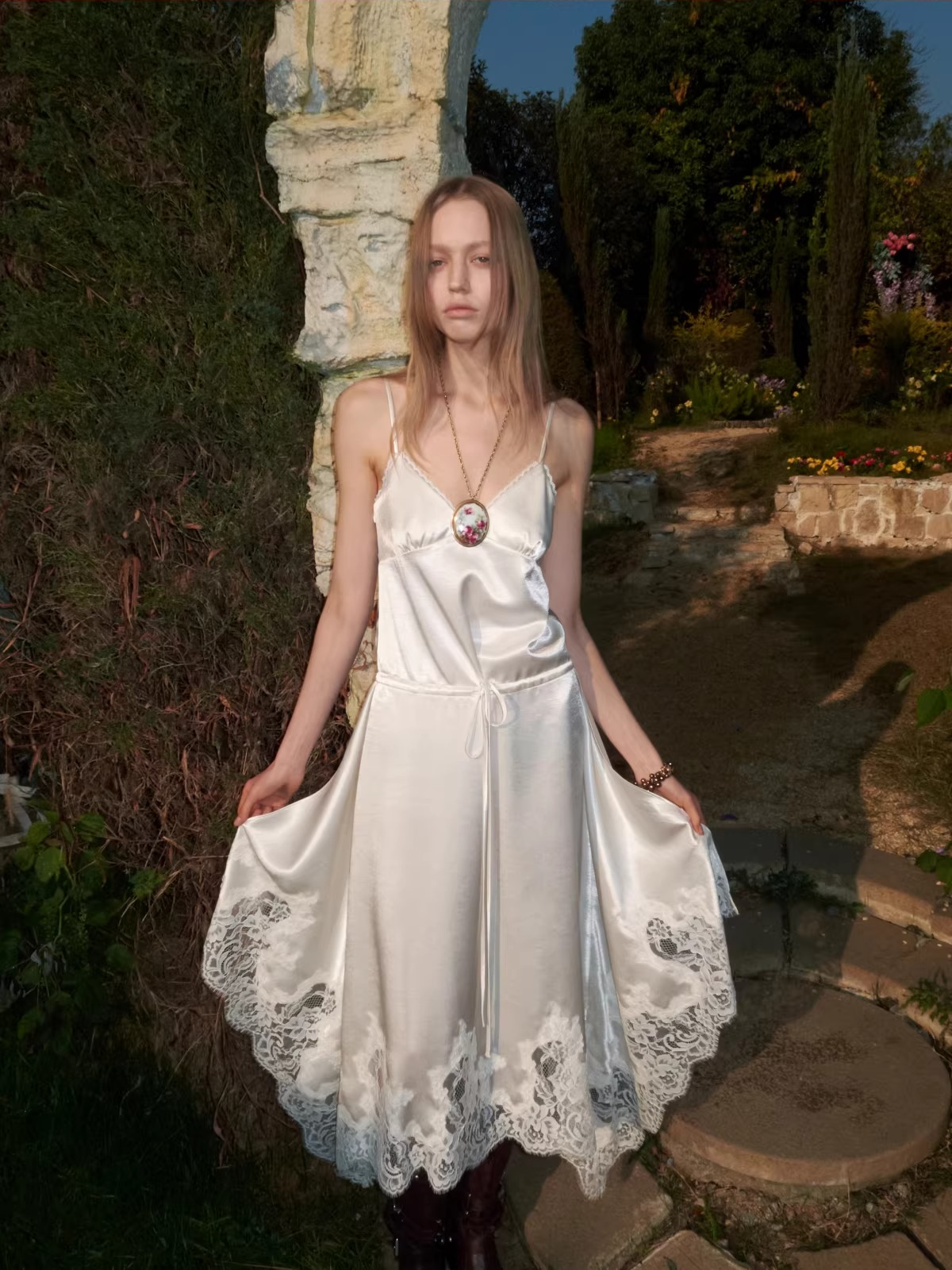 Lace Patchwork Plaid V-Neck Slip Dress