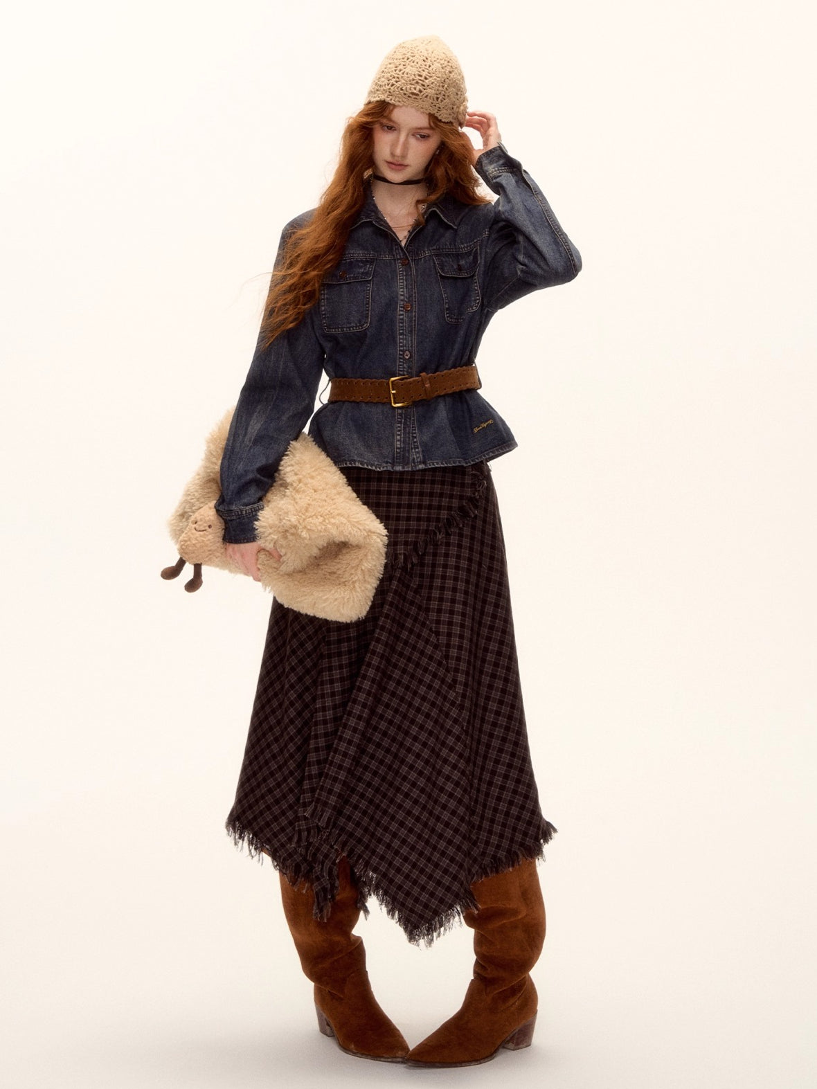 Frayed Hem Plaid Studded Belt Asymmetric A-Line Midi Skirt