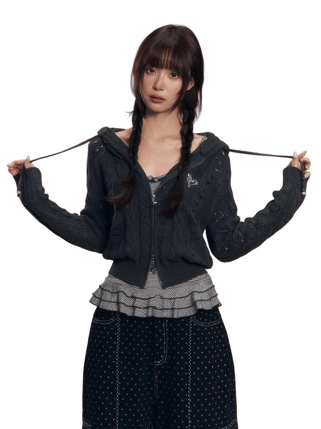 Heart Cutout Cable-Knit Hooded Cardigan