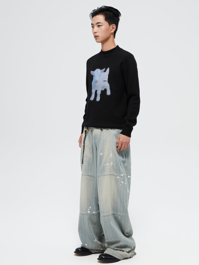 Splattered Wash Stripe Texture Workwear Denim Pants