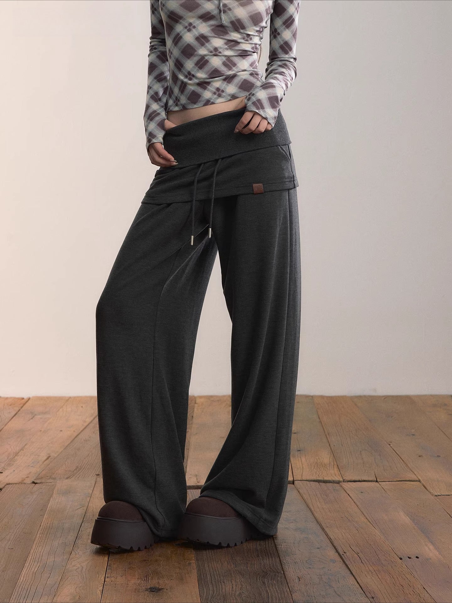 Folded Waist Skirt-Hem Wide-Leg Sweatpants