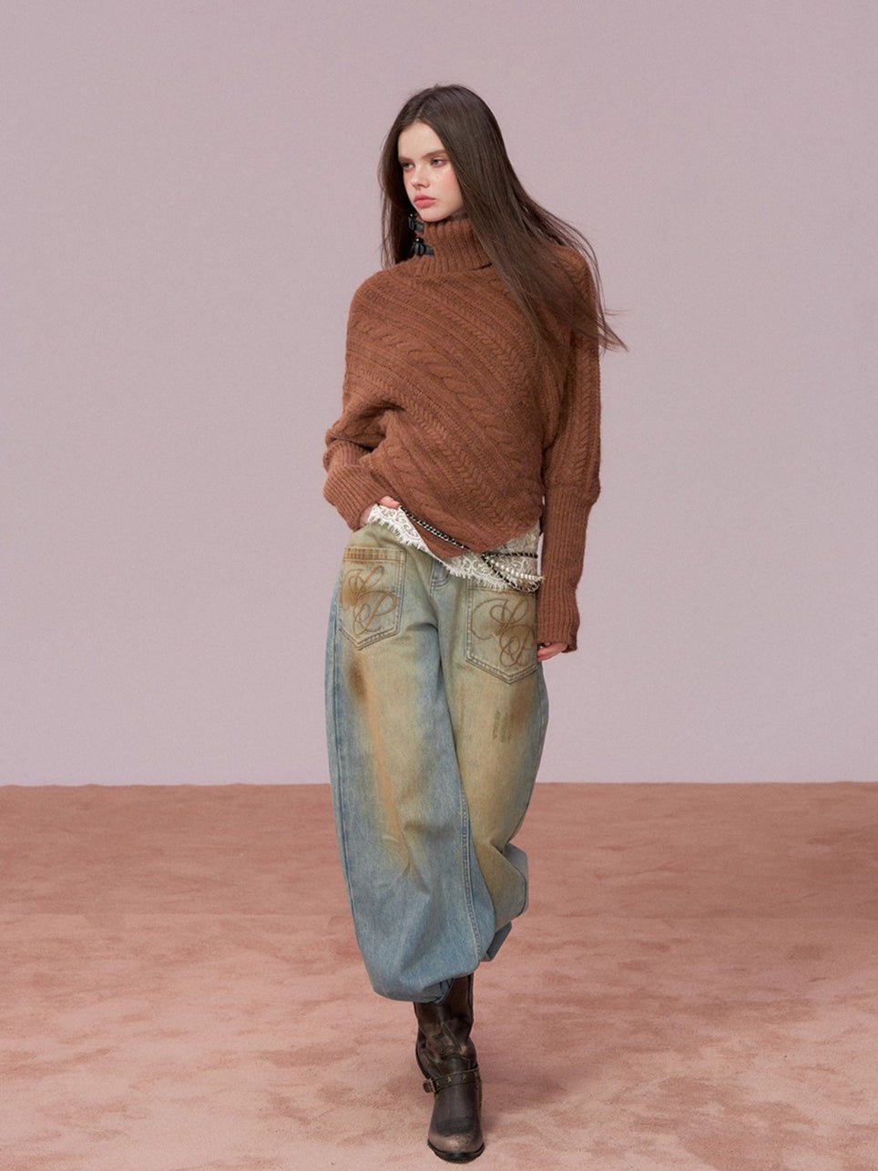 Leather-Buckle Thickened Cape Sweater