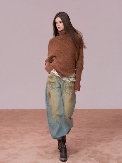 Leather-Buckle Thickened Cape Sweater