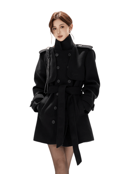 Belted Collar Mid-Length Wool-Feel Jacket
