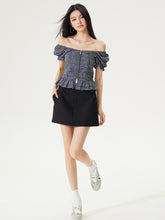 Puff Sleeve One-Word Collar Plaid Top - CHINASQUAD