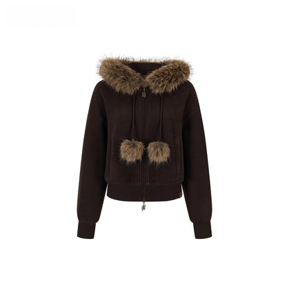 Faux Fur Collar Wool-Blend Fleece Jacket