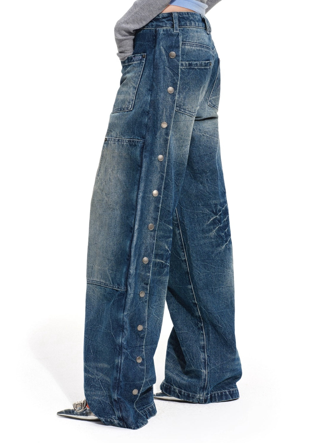 Wide-Leg Vintage Wash Denim Pants
