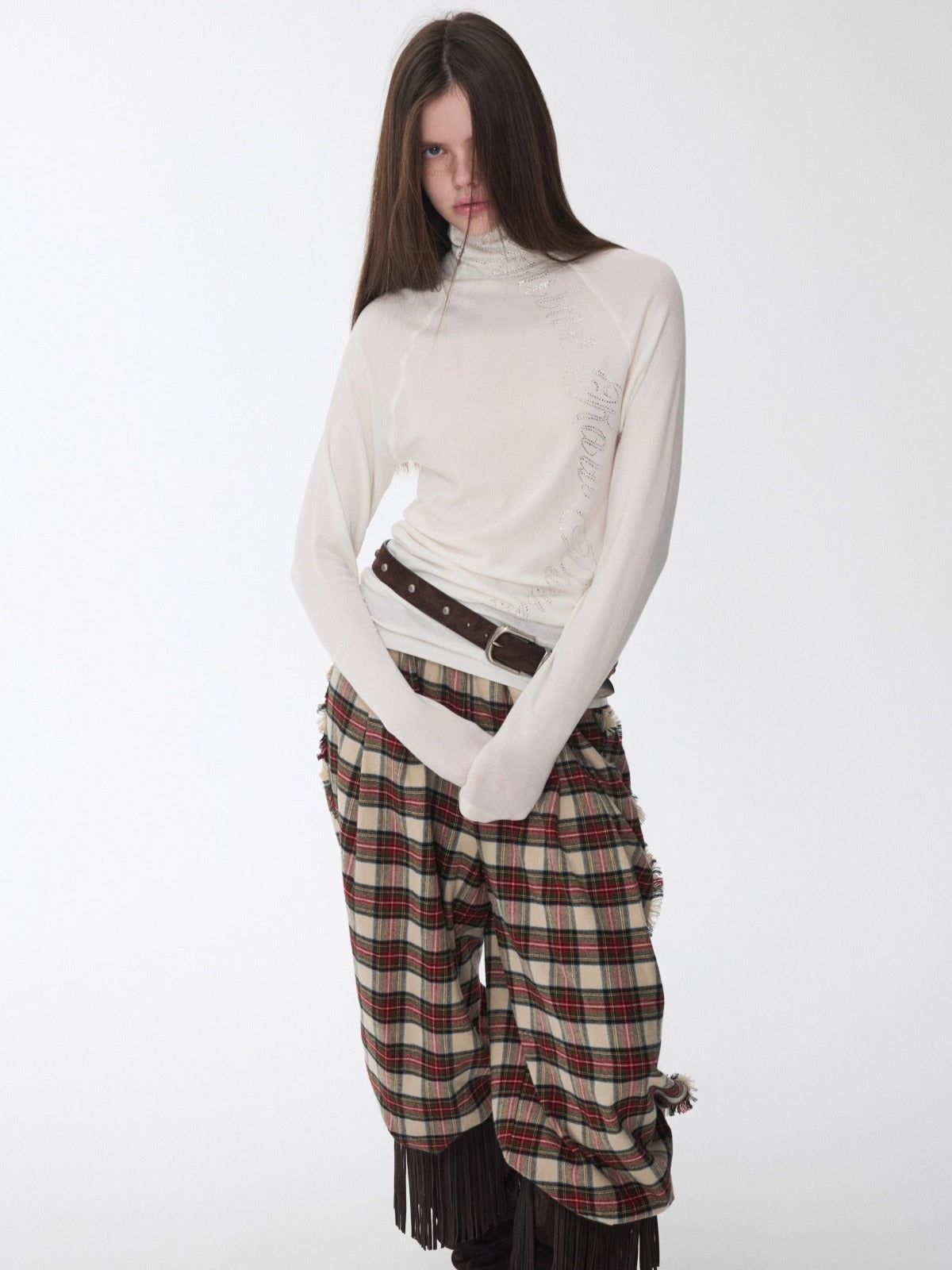Rhinestone High-Neck Raglan Knit T-Shirt