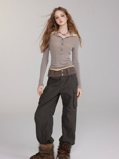 Patchwork Embroidered Pocket Cargo Pants