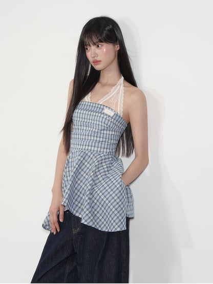 Blue Checkered Lace-Trimmed Camisole Top