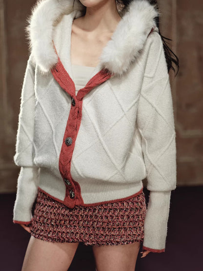 Detachable Fur-Collar Argyle Hooded Knit Cardigan